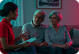 Girl explaining to old couple