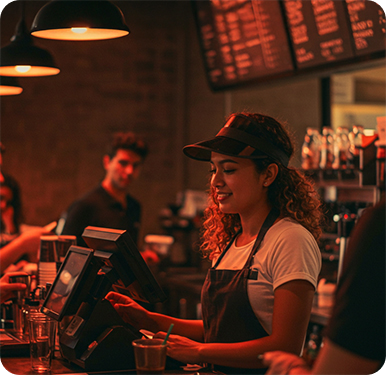 woman serving a customer at a restaurant