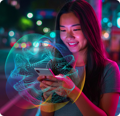 Young woman smiling while using a smartphone at night with digital data visualization overlay.