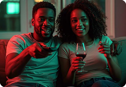 Couple enjoying drink and tv