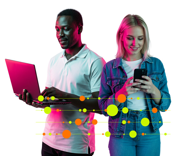 Boy with laptop and girl with phone