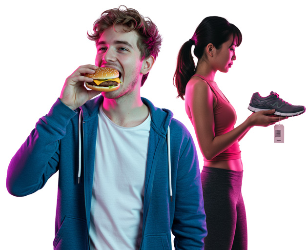 Boy eating burger and girl carrying sneaker